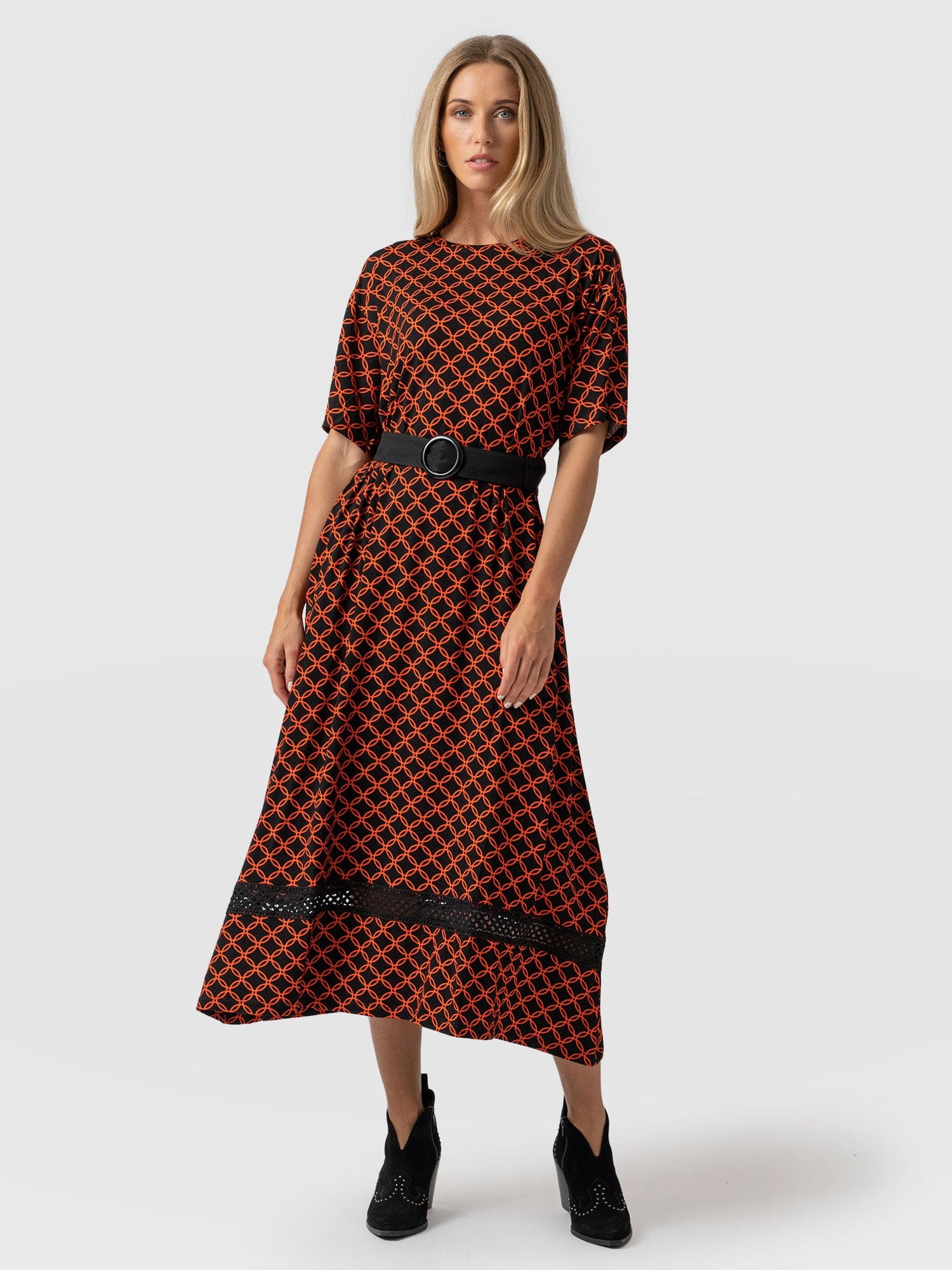 Warren Belted Dress Orange Mosaic Geo - Women's Dresses | Saint + Sofia® EU